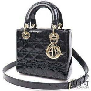 Christian Dior Lady Classic Bag Cannage Black Patent Calfskin Logo Charm